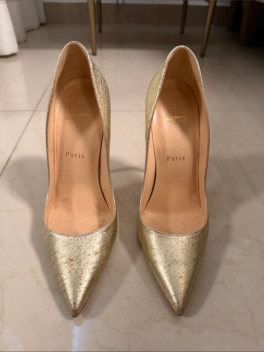 Christian Louboutin Gold Pointed Toe Leather Pumps